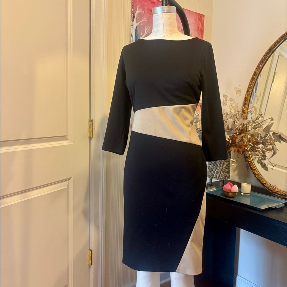 Ann Taylor Black and Gold Sheath Midi Dress for Work